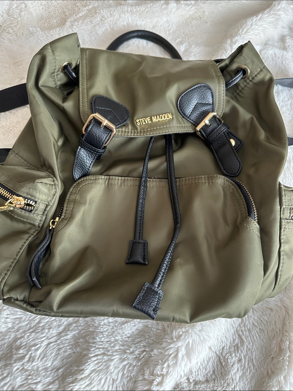 Steve Madden Olive and Black Nylon Drawstring Backpack